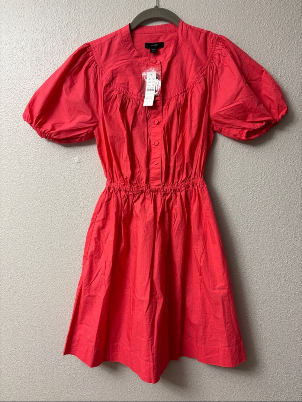 J. Crew Coral Puff-Sleeve Button-Front Mini Dress With Pockets on The Sides.